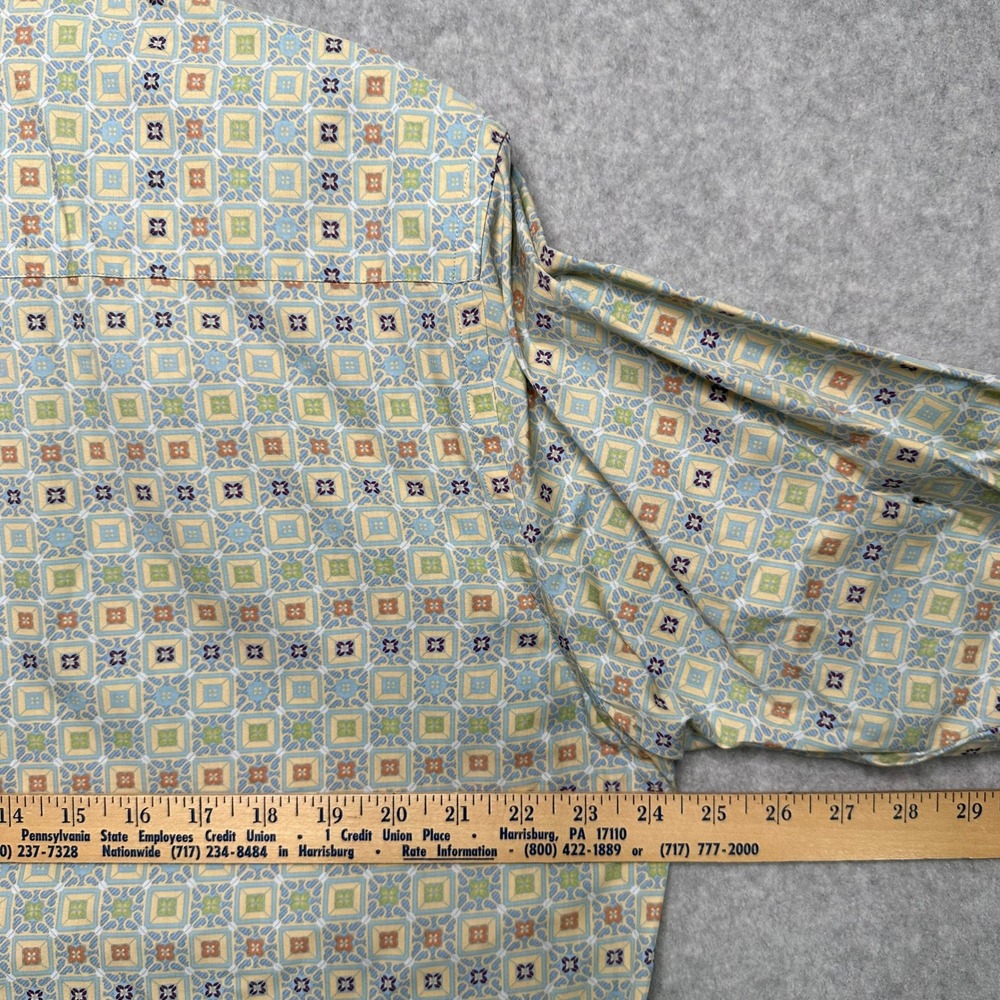 Alan Flusser Mens‎ Geometric Mosaic Print Cotton Button Down Shirt Yellow Blue L - Picture 4 of 6